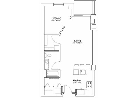 Floor plan for studio, 1 bath, 666 sqft