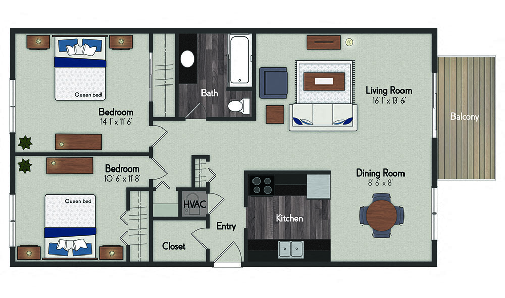 Floor plan for 2 beds, 1 bath, 902 sqft