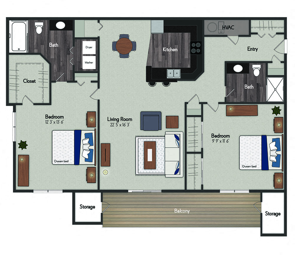 Floor plan for 2 beds, 2 baths, 1148 sqft