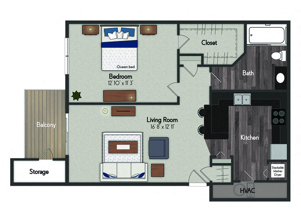 Floor plan for 1 bed, 1 bath, 689 sqft