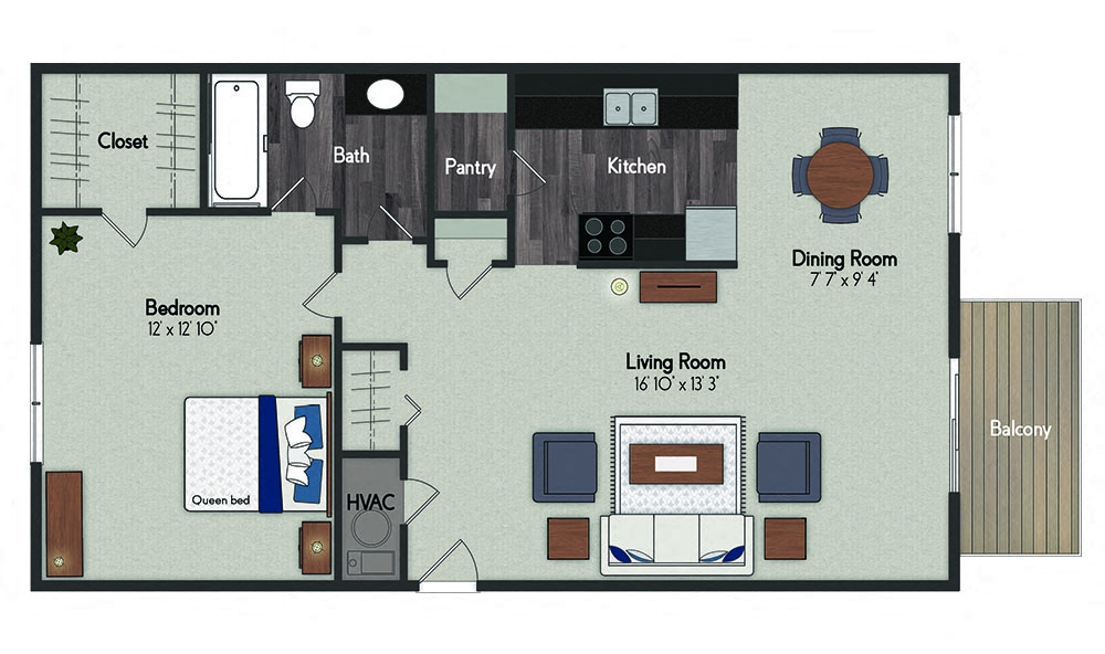 Floor plan for 1 bed, 1 bath, 720 sqft