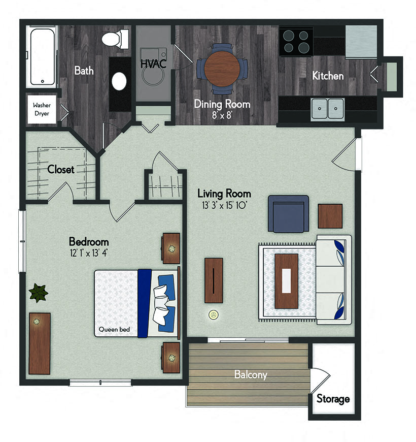 Floor plan for 1 bed, 1 bath, 721 sqft