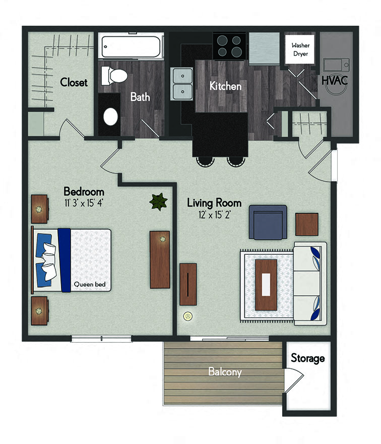 Floor plan for 1 bed, 1 bath, 635 sqft
