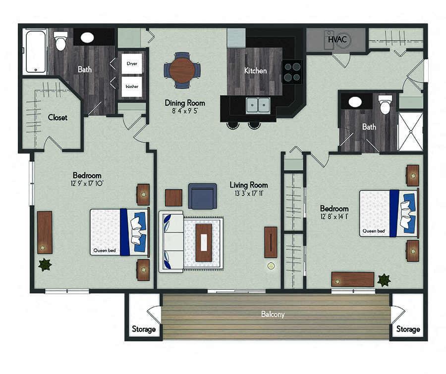 Floor plan for 2 beds, 2 baths, 1230 sqft