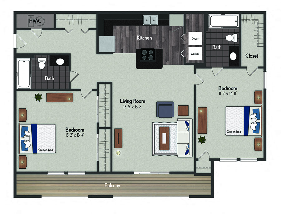 Floor plan for 2 beds, 2 baths, 1109 sqft