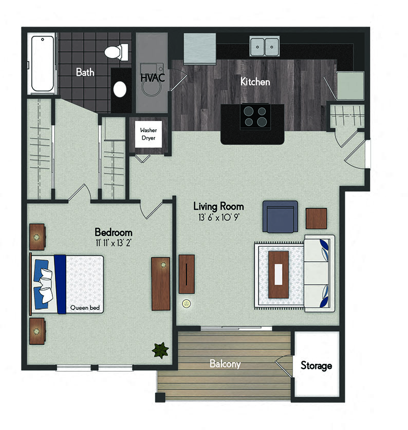 Floor plan for 1 bed, 1 bath, 734 sqft