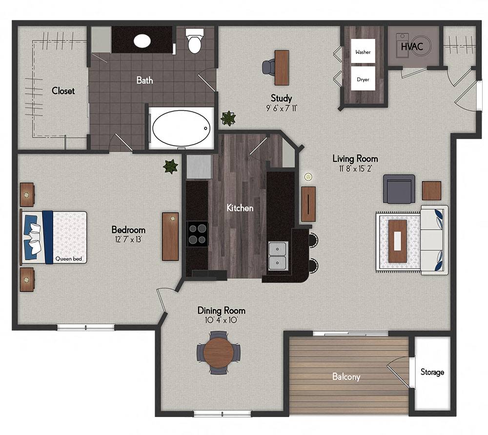 Floor plan for 1 bed, 1 bath, 895 sqft