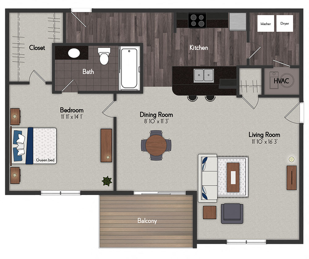 Floor plan for 1 bed, 1 bath, 745 sqft