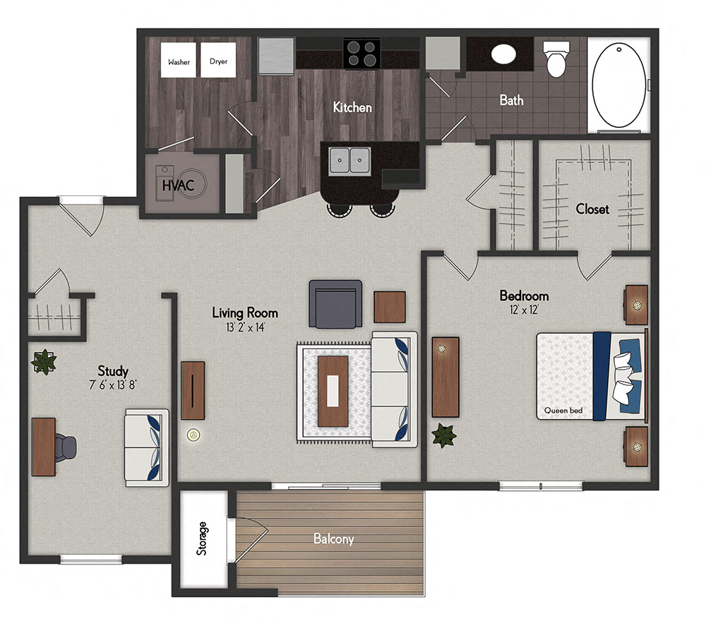 Floor plan for 1 bed, 1 bath, 810 sqft