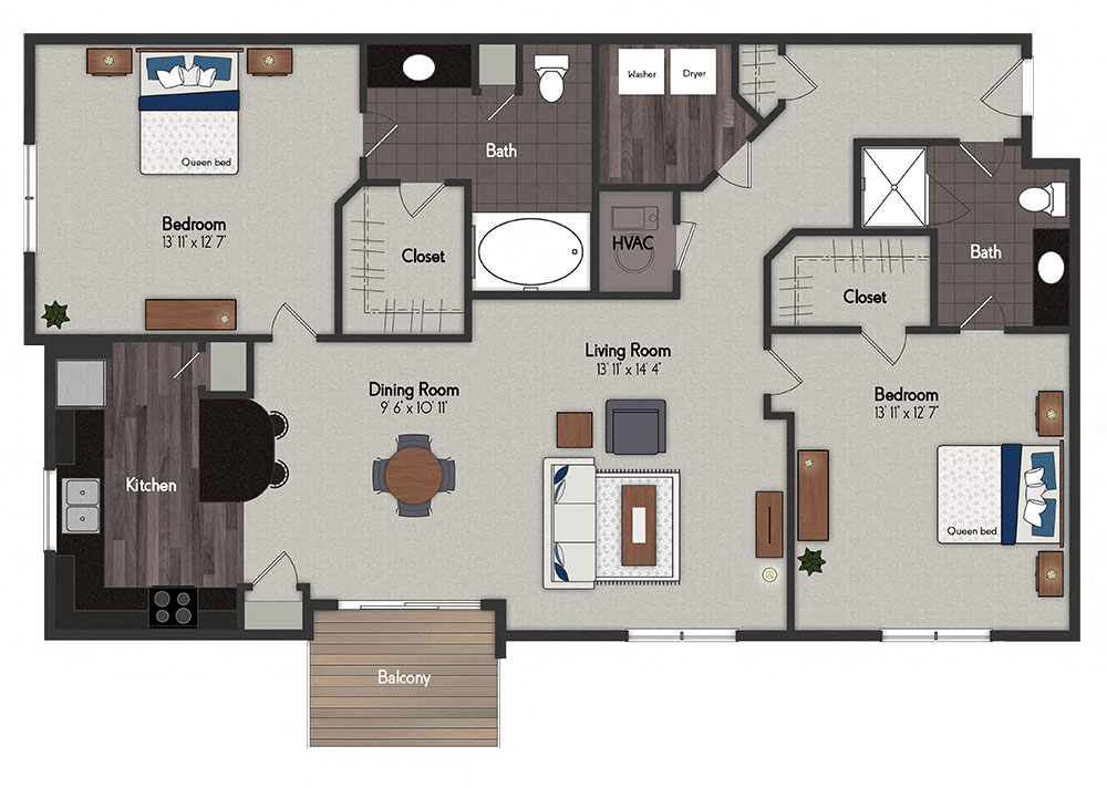 Floor plan for 2 beds, 2 baths, 1147 sqft