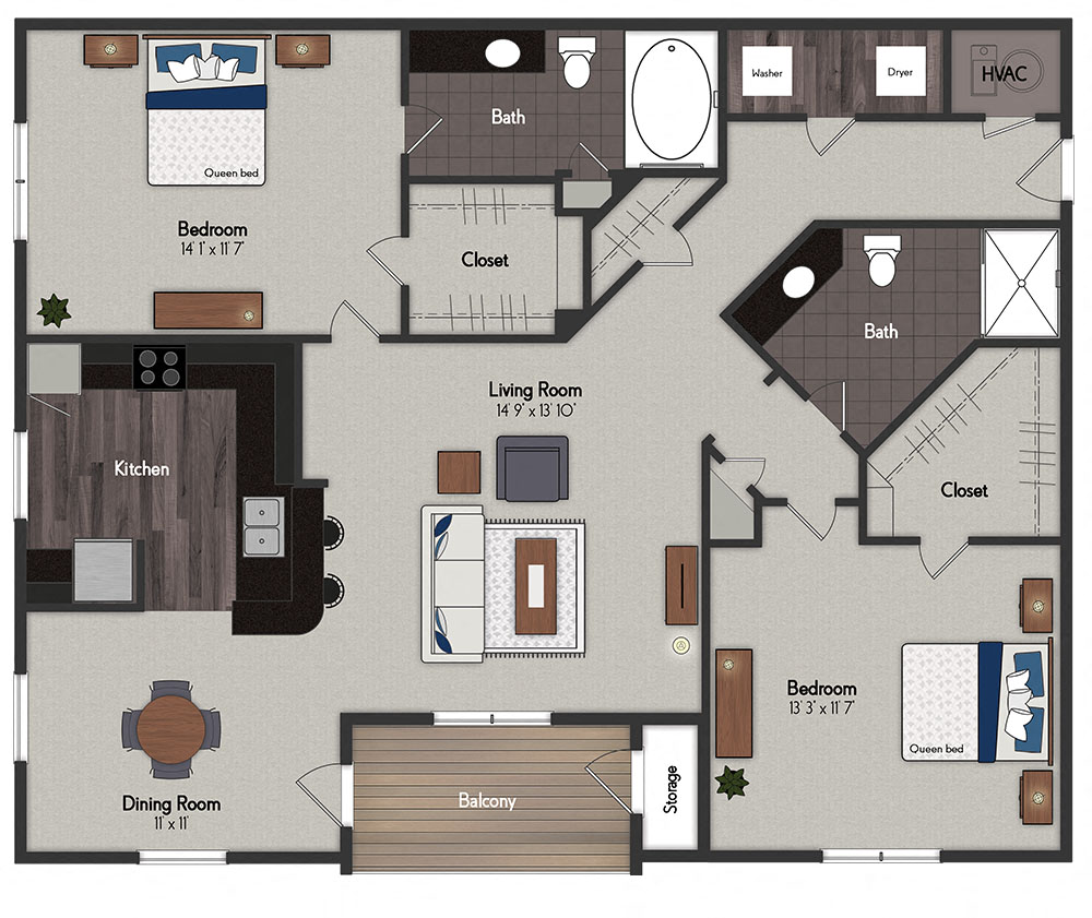 Floor plan for 2 beds, 2 baths, 1170 sqft
