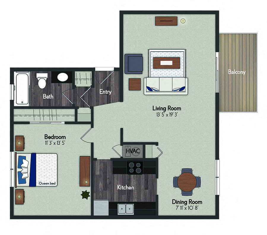 Floor plan for 1 bed, 1 bath, 800 sqft