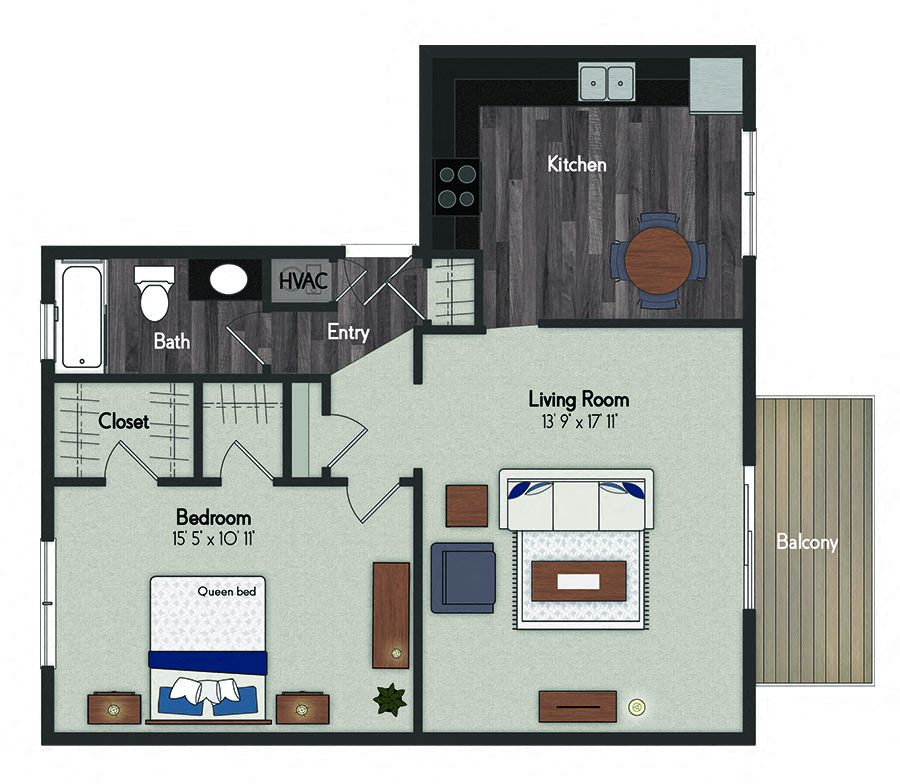 Floor plan for 1 bed, 1 bath, 800 sqft