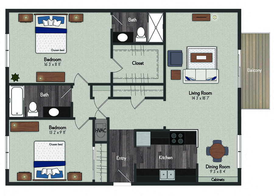 Floor plan for 2 beds, 2 baths, 1100 sqft