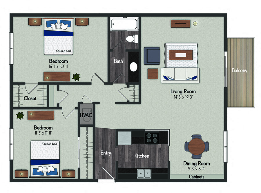 Floor plan for 2 beds, 1 bath, 1050 sqft