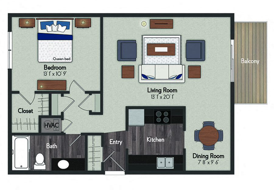Floor plan for 1 bed, 1 bath, 840 sqft