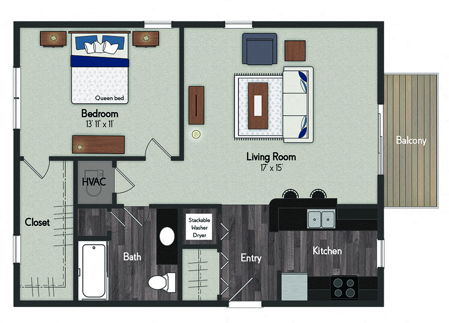 Floor plan for 1 bed, 1 bath, 770 sqft