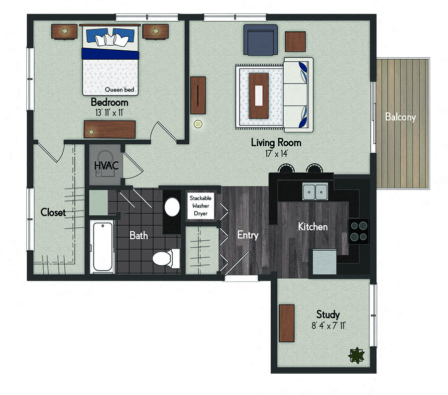 Floor plan for 1 bed, 1 bath, 840 sqft
