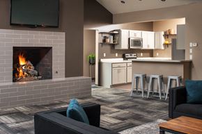 Omaha apartment for rent - a living room with a fireplace and a kitchen