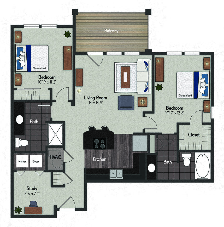 Floor plan for 2 beds, 2 baths, 1039 sqft