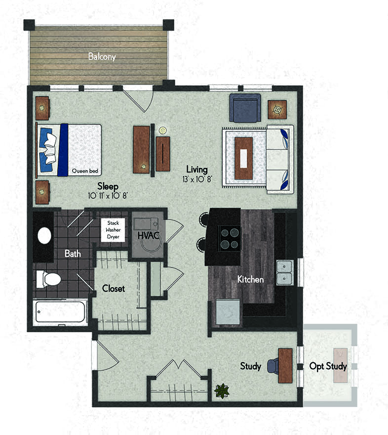 Floor plan for studio, 1 bath, 701 sqft