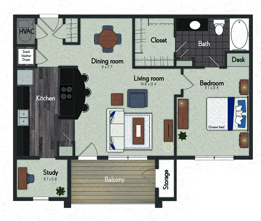 Floor plan for 1 bed, 1 bath, 835 sqft