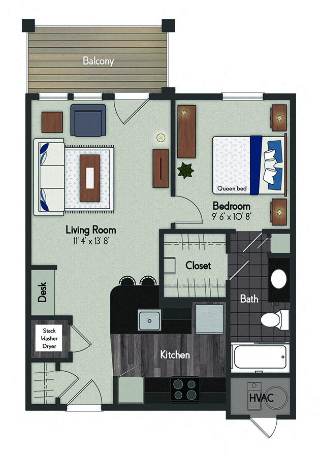 Floor plan for 1 bed, 1 bath, 576 sqft