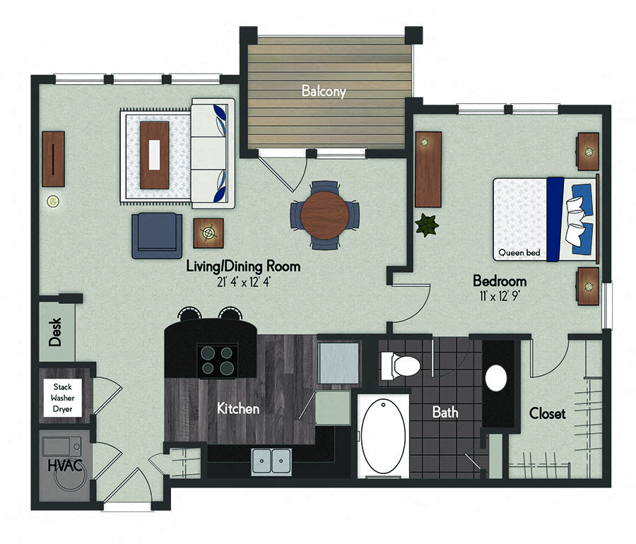 Floor plan for 1 bed, 1 bath, 759 sqft