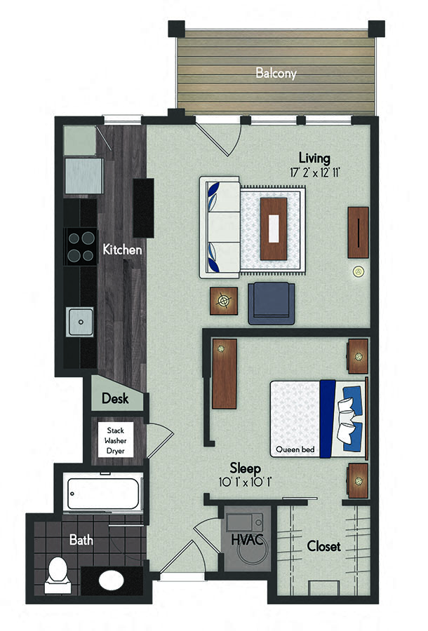 Floor plan for studio, 1 bath, 601 sqft
