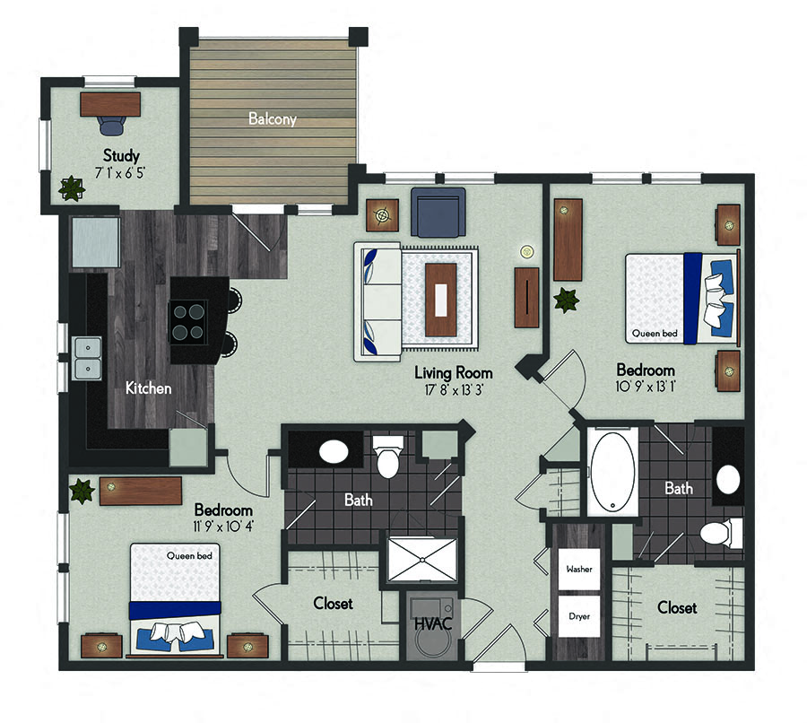 Floor plan for 2 beds, 2 baths, 1083 sqft