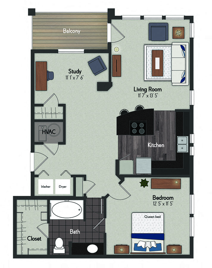 Floor plan for 1 bed, 1 bath, 831 sqft