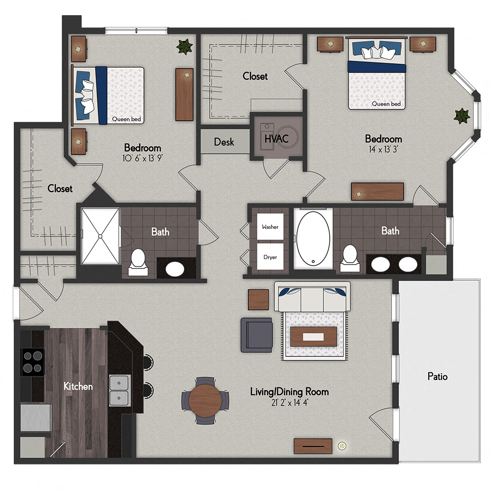 Floor plan for 2 beds, 2 baths, 1221 sqft