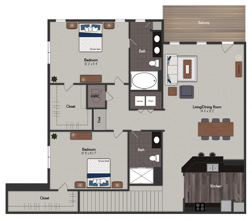 Floor plan for 2 beds, 2 baths, 1272 sqft
