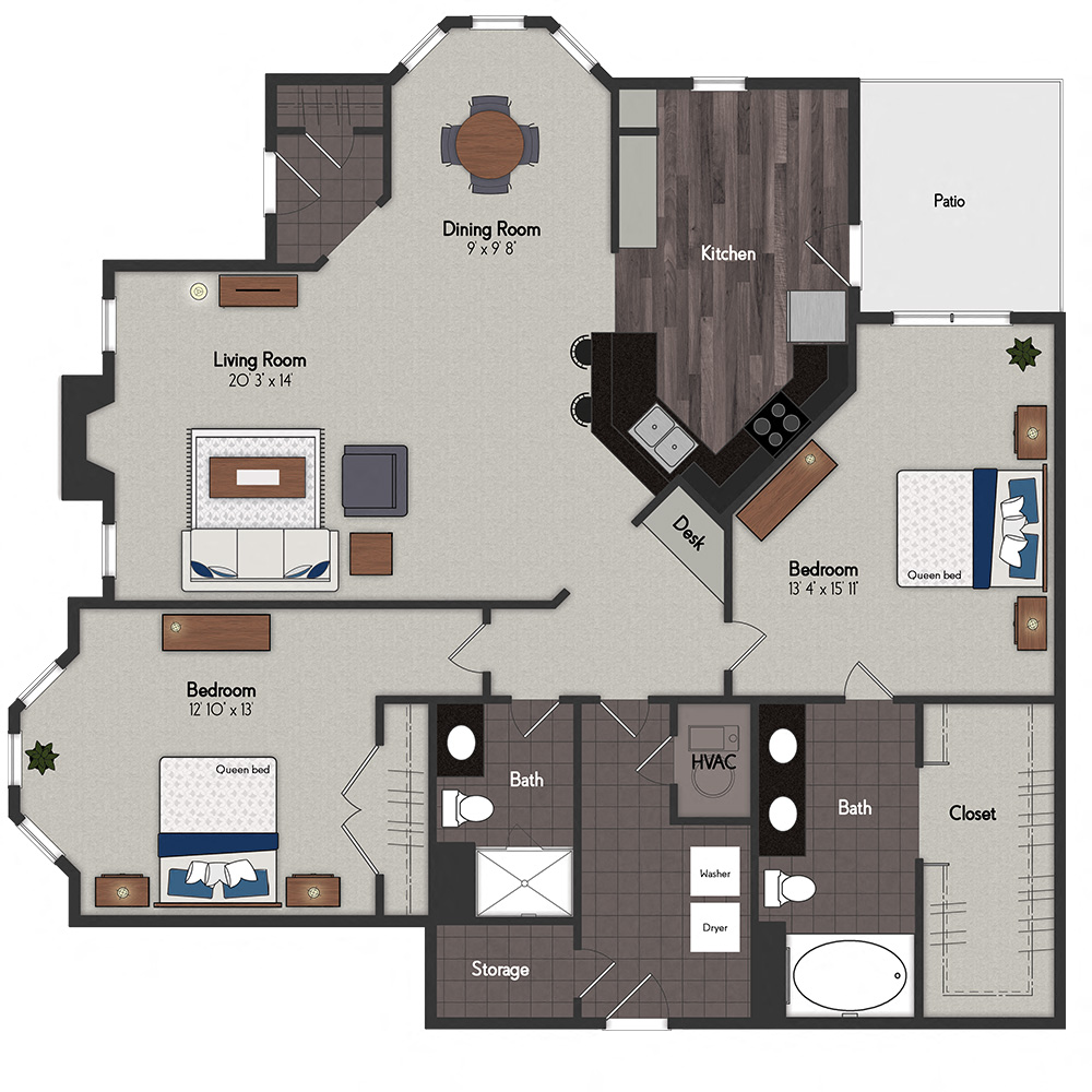 Floor plan for 2 beds, 2 baths, 1435 sqft