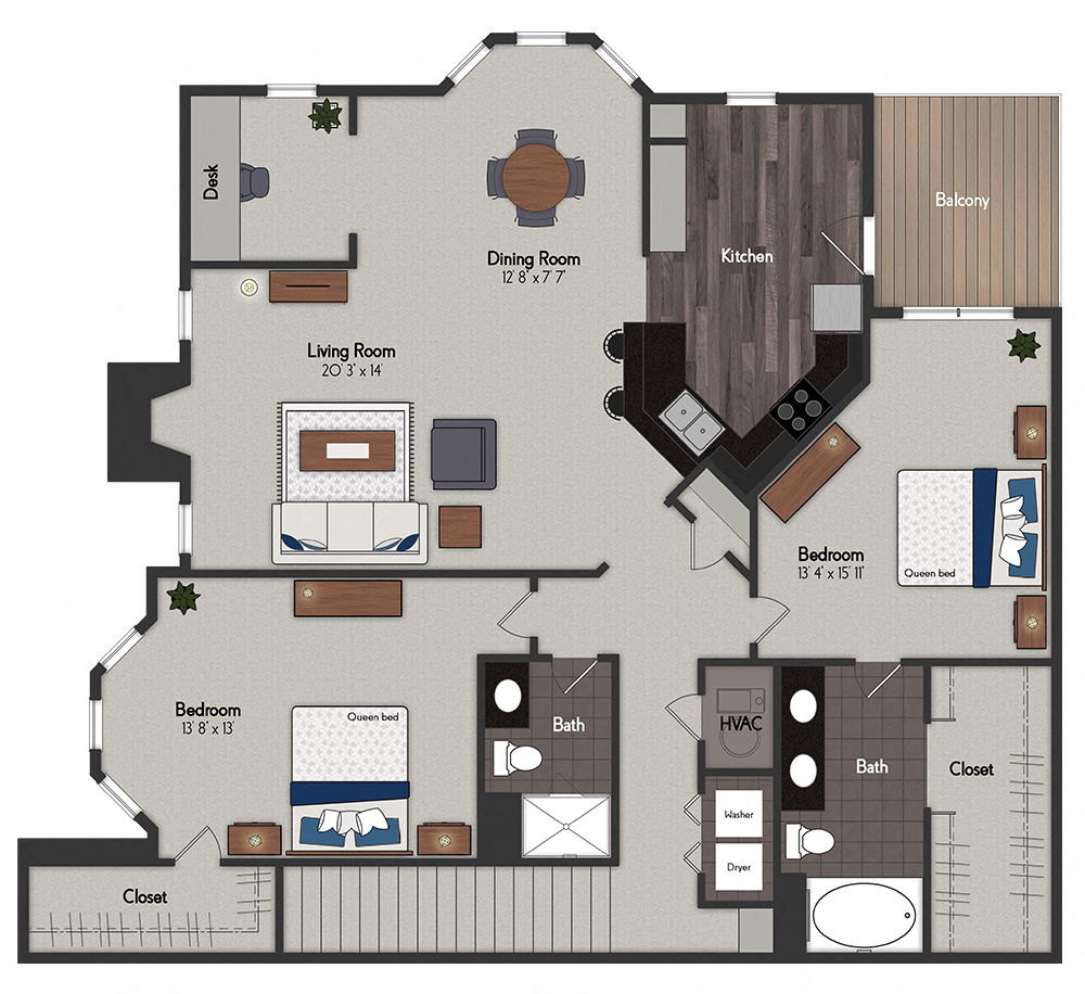 Floor plan for 2 beds, 2 baths, 1605 sqft