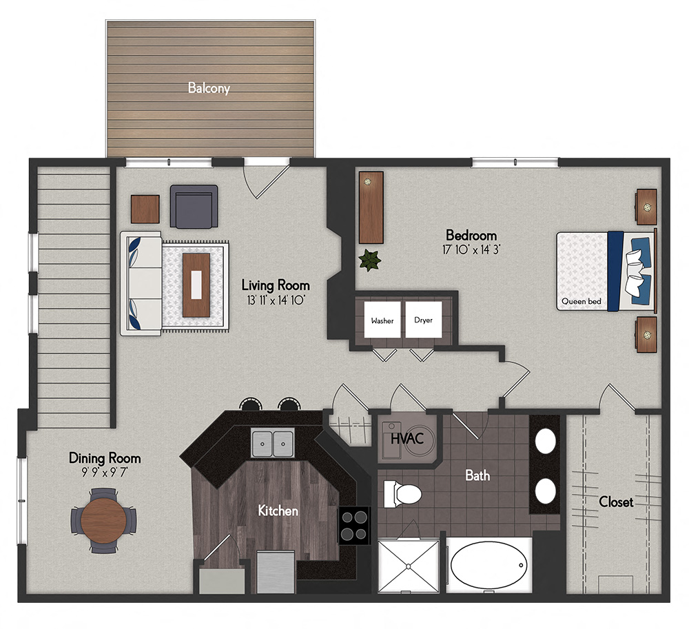 Floor plan for 1 bed, 1 bath, 998 sqft