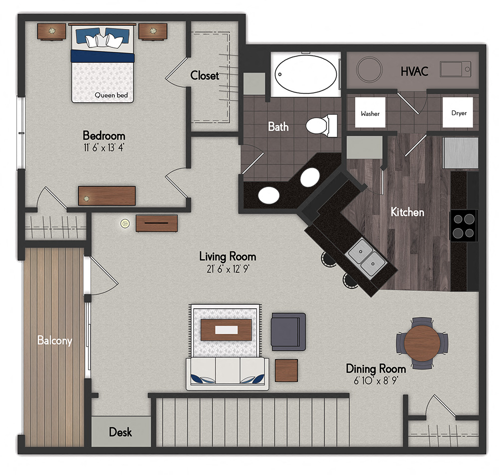 Floor plan for 1 bed, 1 bath, 947 sqft