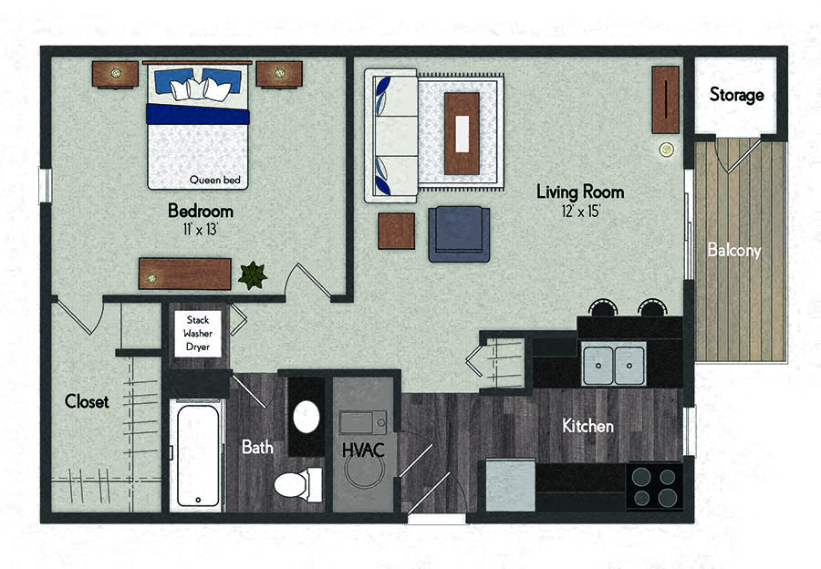 Floor plan for 1 bed, 1 bath, 601 sqft