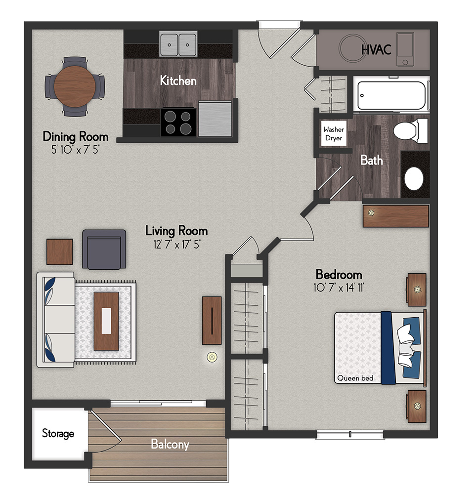 Floor plan for 1 bed, 1 bath, 743 sqft