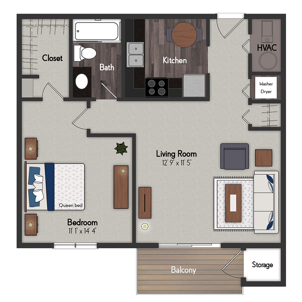 Floor plan for 1 bed, 1 bath, 650 sqft