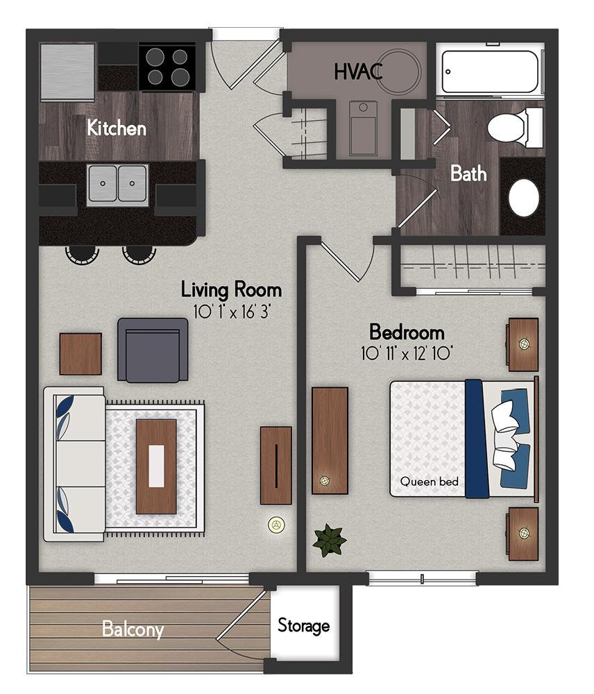 Floor plan for 1 bed, 1 bath, 600 sqft