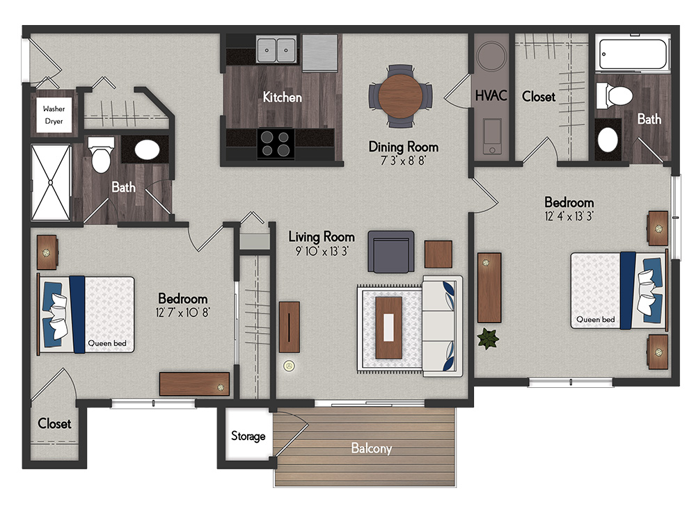 Floor plan for 2 beds, 2 baths, 1025 sqft