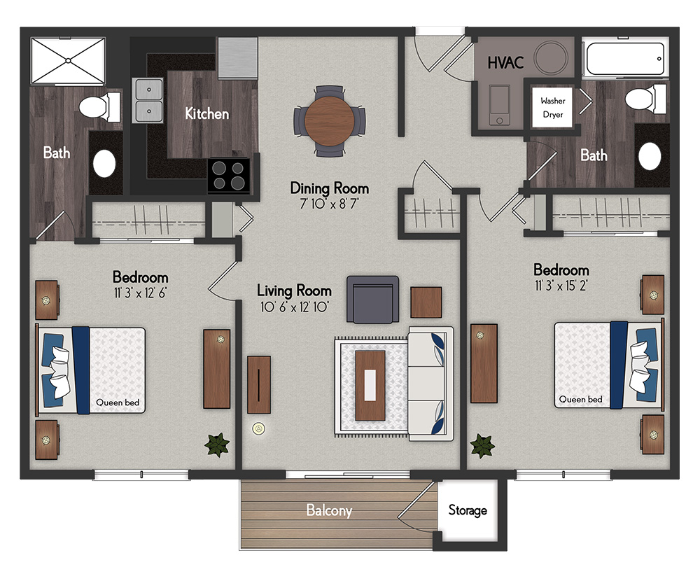 Floor plan for 2 beds, 2 baths, 900 sqft