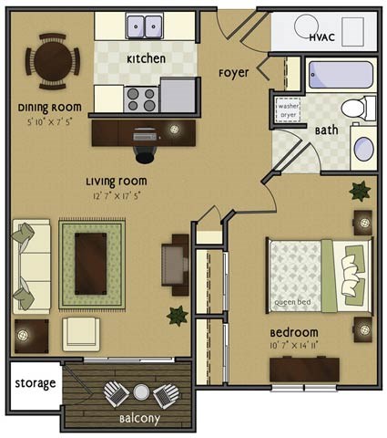 Floor plan for 1 bed, 1 bath, 743 sqft