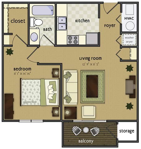Floor plan for 1 bed, 1 bath, 650 sqft