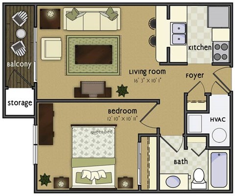 Floor plan for 1 bed, 1 bath, 600 sqft