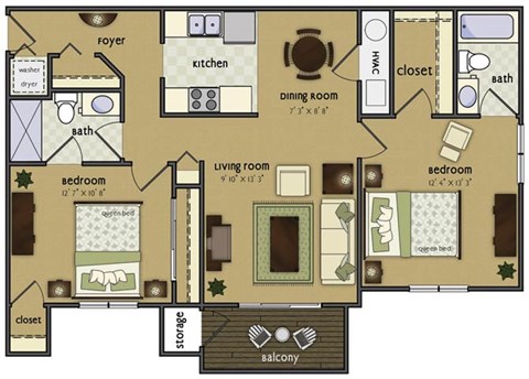 Floor plan for 2 beds, 2 baths, 1025 sqft