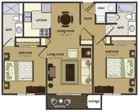 Floor plan for 2 beds, 2 baths, 900 sqft