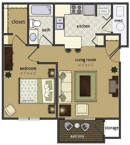 Floor plan for 1 bed, 1 bath, 576 sqft