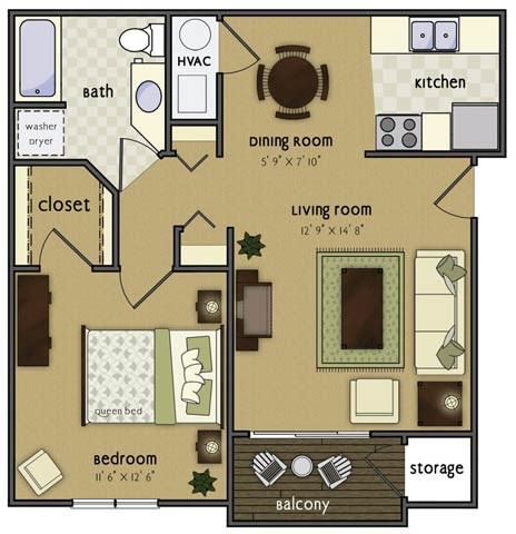 Floor plan for 1 bed, 1 bath, 685 sqft